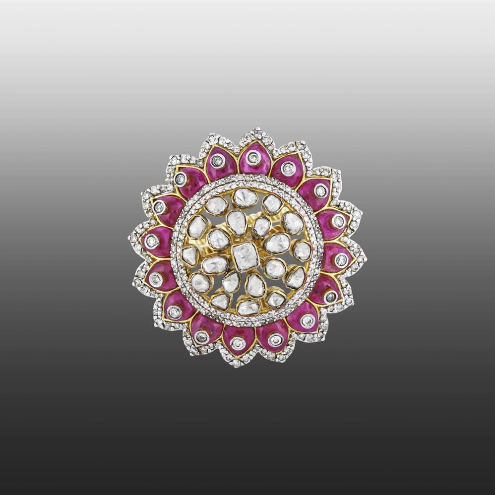 Polki Ring with Red Talaf and Diamond-Accented Petals